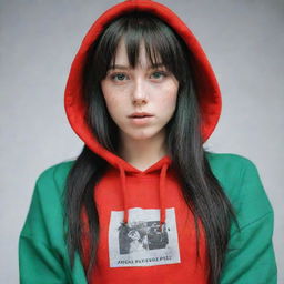 casual photograpy medium body,with red hip hop stamp hoodie, female , 23 year old with green eyes and black long hai with withe streaks in the bangs .,freckles, selfo, relax time, medium distance shot, 4k hd,  --styerw--v 5.2 ar 2-3