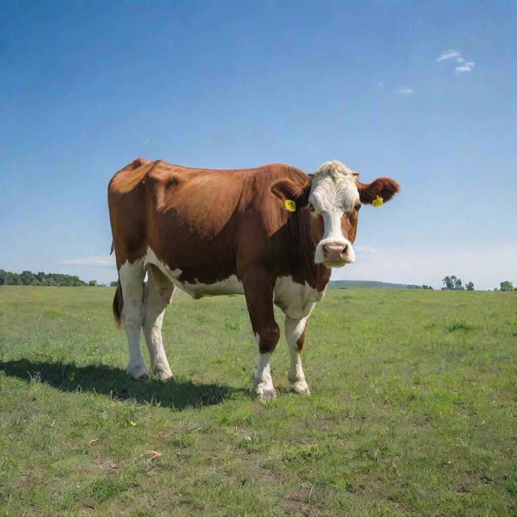 A serene, fully detailed cow grazing in a lush green field under a clear blue sky.