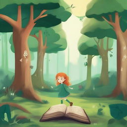 Create an image in the style of children's drawings depicting a mysterious forest called 'Four Seasons Forest' in a distant land