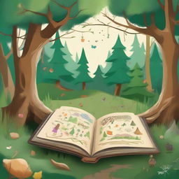 Create an image in the style of children's drawings depicting a mysterious forest called 'Four Seasons Forest' in a distant land