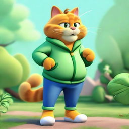 Garfield the cat is wearing a mint dress, blue jeans, and a jungle green jacket