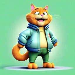 Garfield the cat is wearing a mint dress, blue jeans, and a jungle green jacket