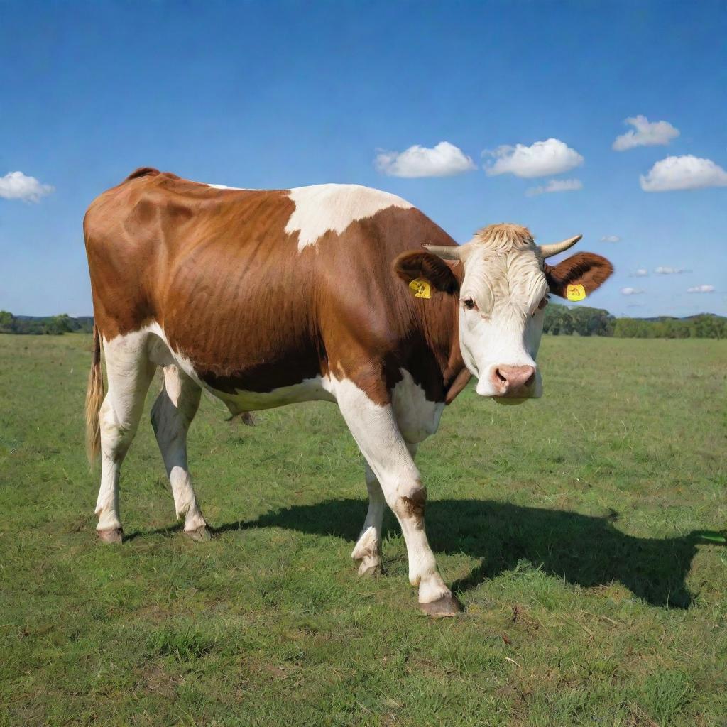 A serene, fully detailed cow grazing in a lush green field under a clear blue sky.