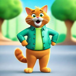 Garfield the cat is wearing a mint dress, blue jeans, and a jungle green jacket