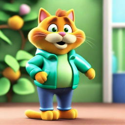 Garfield the cat is wearing a mint dress, blue jeans, and a jungle green jacket