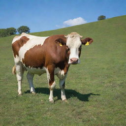 A serene, fully detailed cow grazing in a lush green field under a clear blue sky.