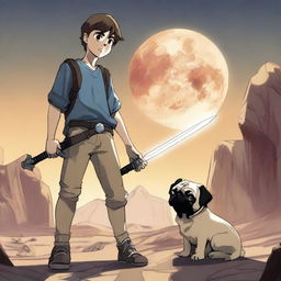 A 16-year-old boy standing still, holding a sword pointing to the ground, with a panting pug sitting next to him