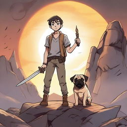 A 16-year-old boy standing still, holding a sword pointing to the ground, with a panting pug sitting next to him