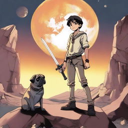 A 16-year-old boy standing still, holding a sword pointing to the ground, with a panting pug sitting next to him