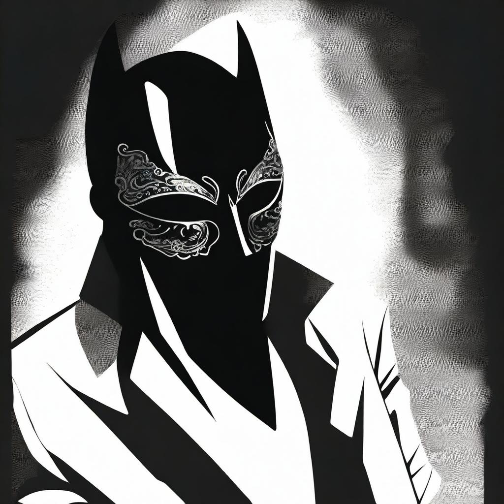 A dark figure, removing a masquerade mask halfway through the face