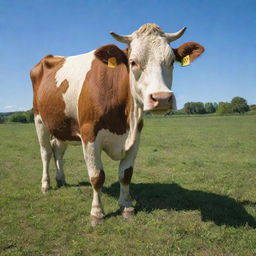 A serene, fully detailed cow grazing in a lush green field under a clear blue sky.