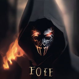 A close-up portrait of a dark hooded figure, removing a masquerade mask halfway through the face