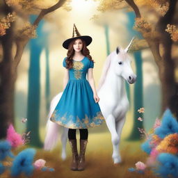 A majestic unicorn with a blue dress, brown hair, wearing a hat, black jeans, and gold boots