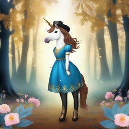 A majestic unicorn with a blue dress, brown hair, wearing a hat, black jeans, and gold boots