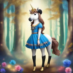 A majestic unicorn with a blue dress, brown hair, wearing a hat, black jeans, and gold boots