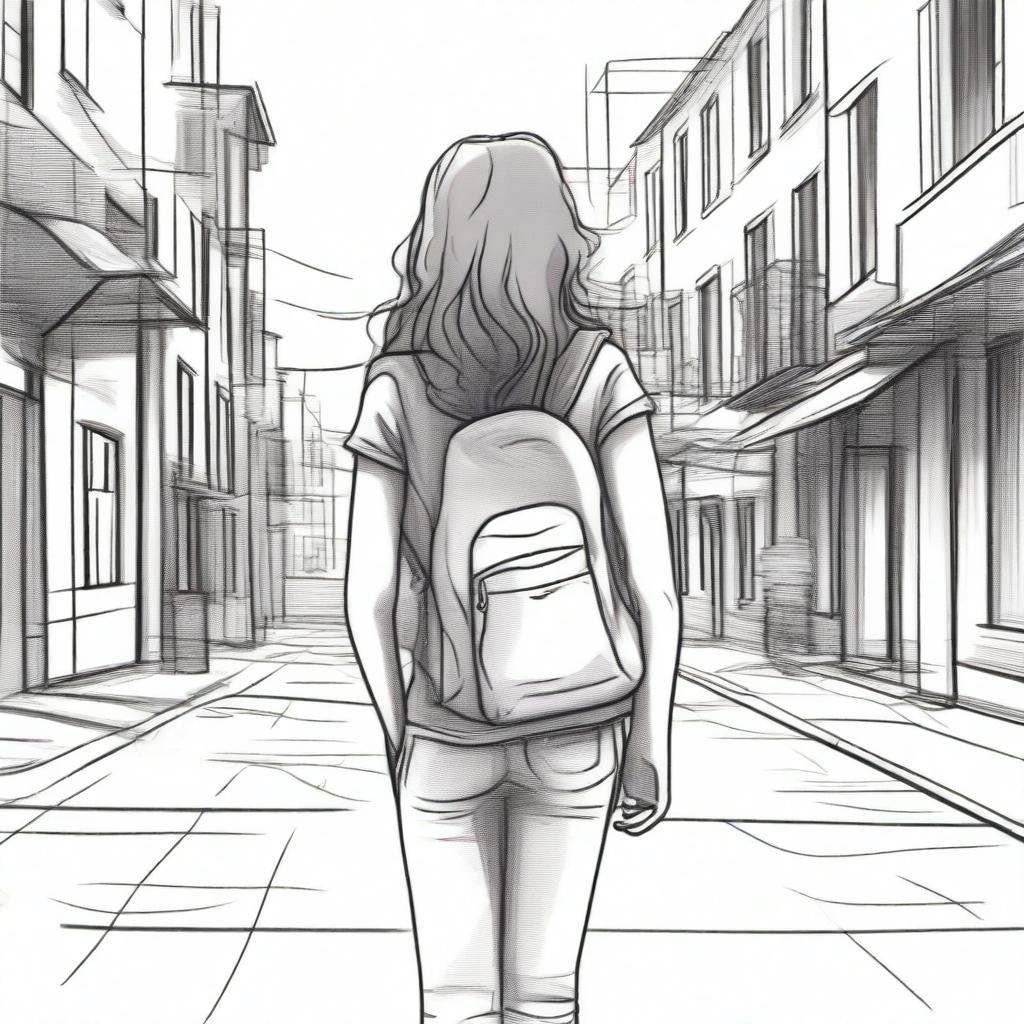 A sketched image of a girl with loose curls cascading down her back, walking down the street with a backpack