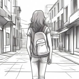 A sketched image of a girl with loose curls cascading down her back, walking down the street with a backpack