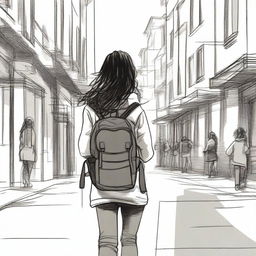 A sketched image of a girl with loose curls cascading down her back, walking down the street with a backpack