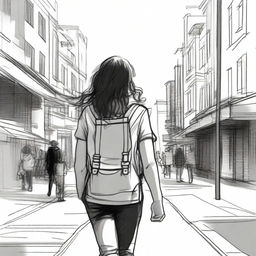 A sketched image of a girl with loose curls cascading down her back, walking down the street with a backpack