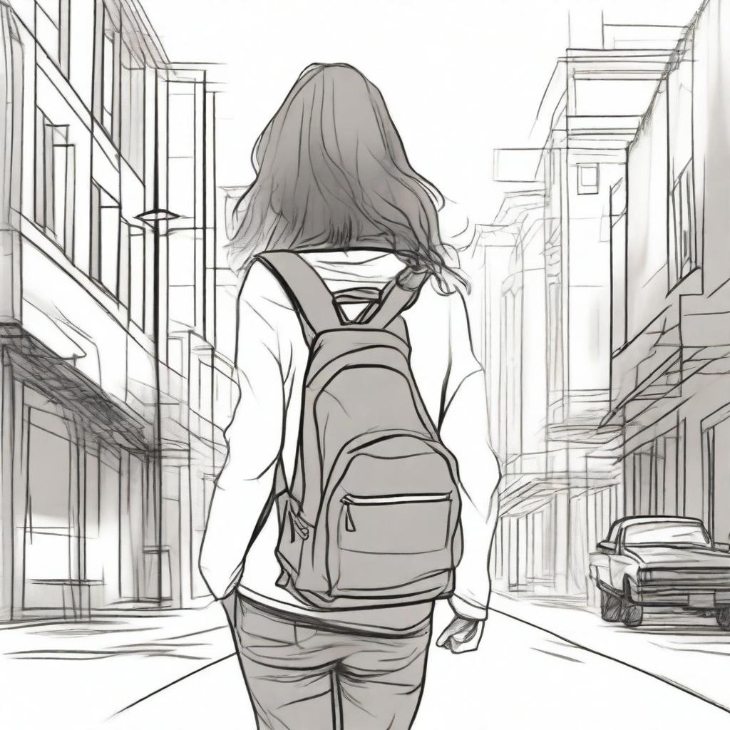 A sketched image of a girl with loose curls cascading down her back, walking down the street with a backpack