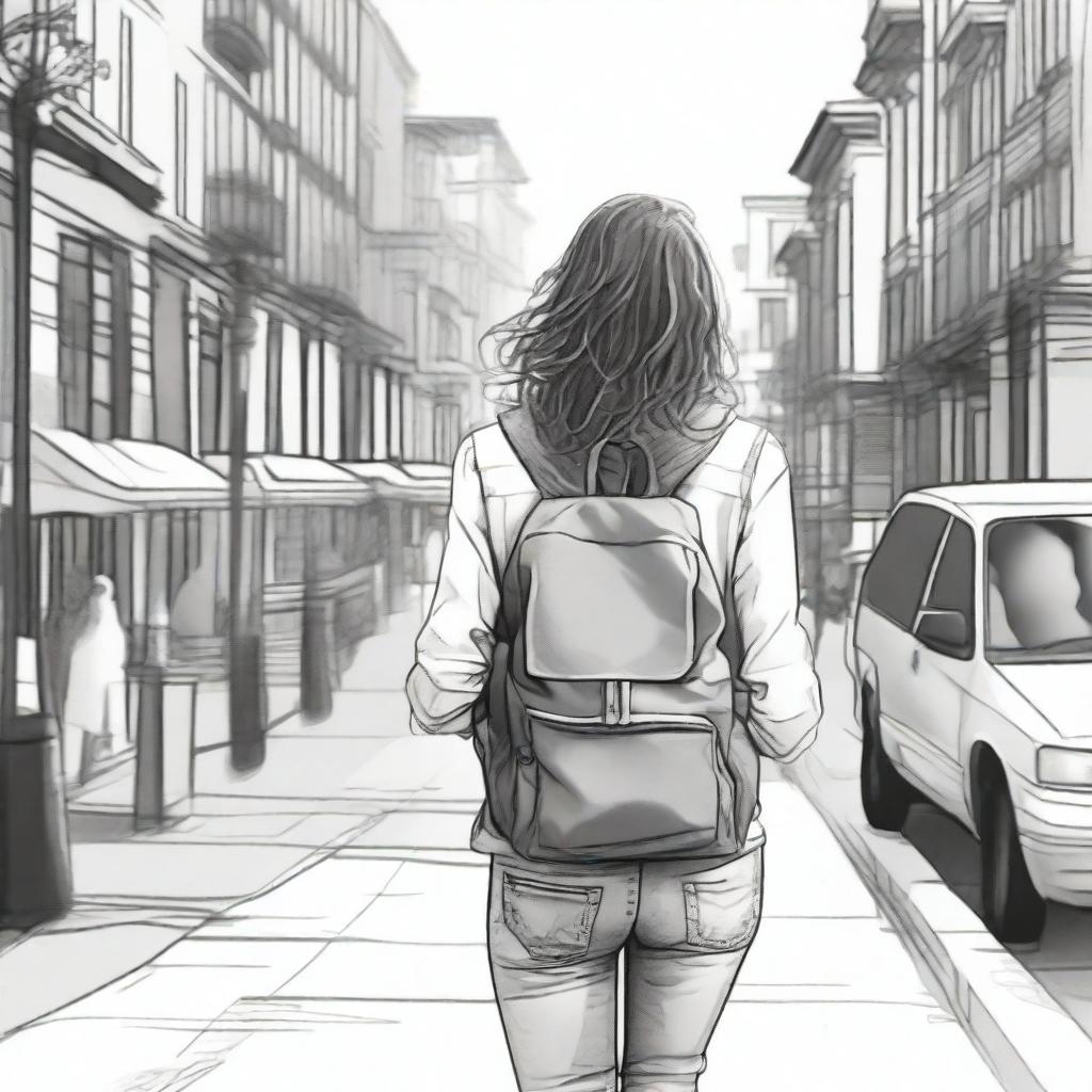 A detailed sketched image of a beautiful girl with loose curls cascading down her back, walking down the street with a backpack