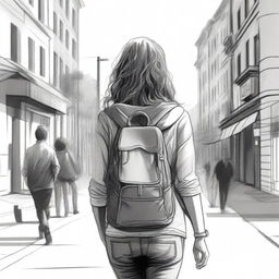 A detailed sketched image of a beautiful girl with loose curls cascading down her back, walking down the street with a backpack