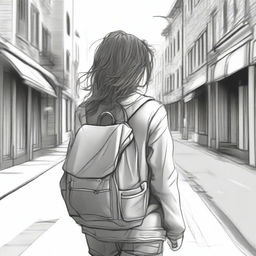 A detailed sketched image of a beautiful girl with loose curls cascading down her back, walking down the street with a backpack