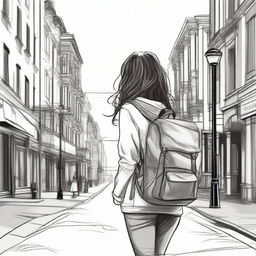 A detailed sketched image of a beautiful girl with loose curls cascading down her back, walking down the street with a backpack