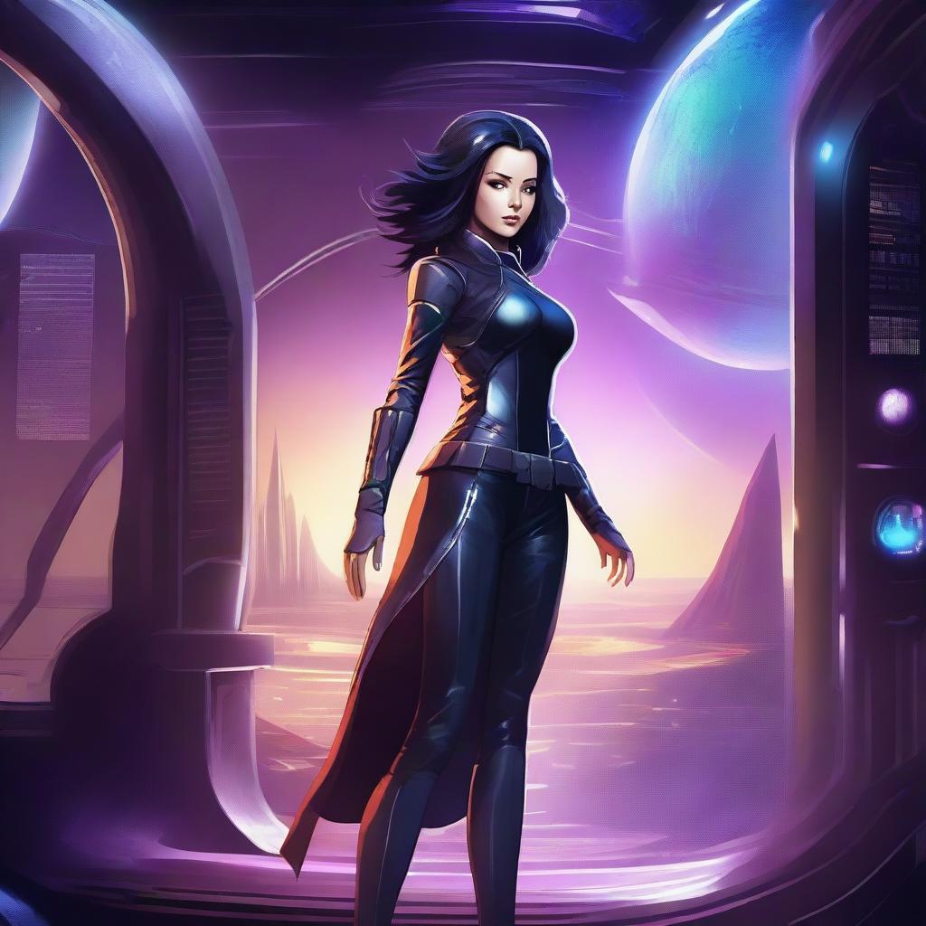 Create an image of a darklord girl on a thrilling spaceship adventure