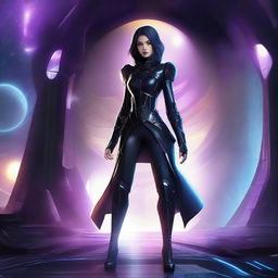 Create an image of a darklord girl on a thrilling spaceship adventure