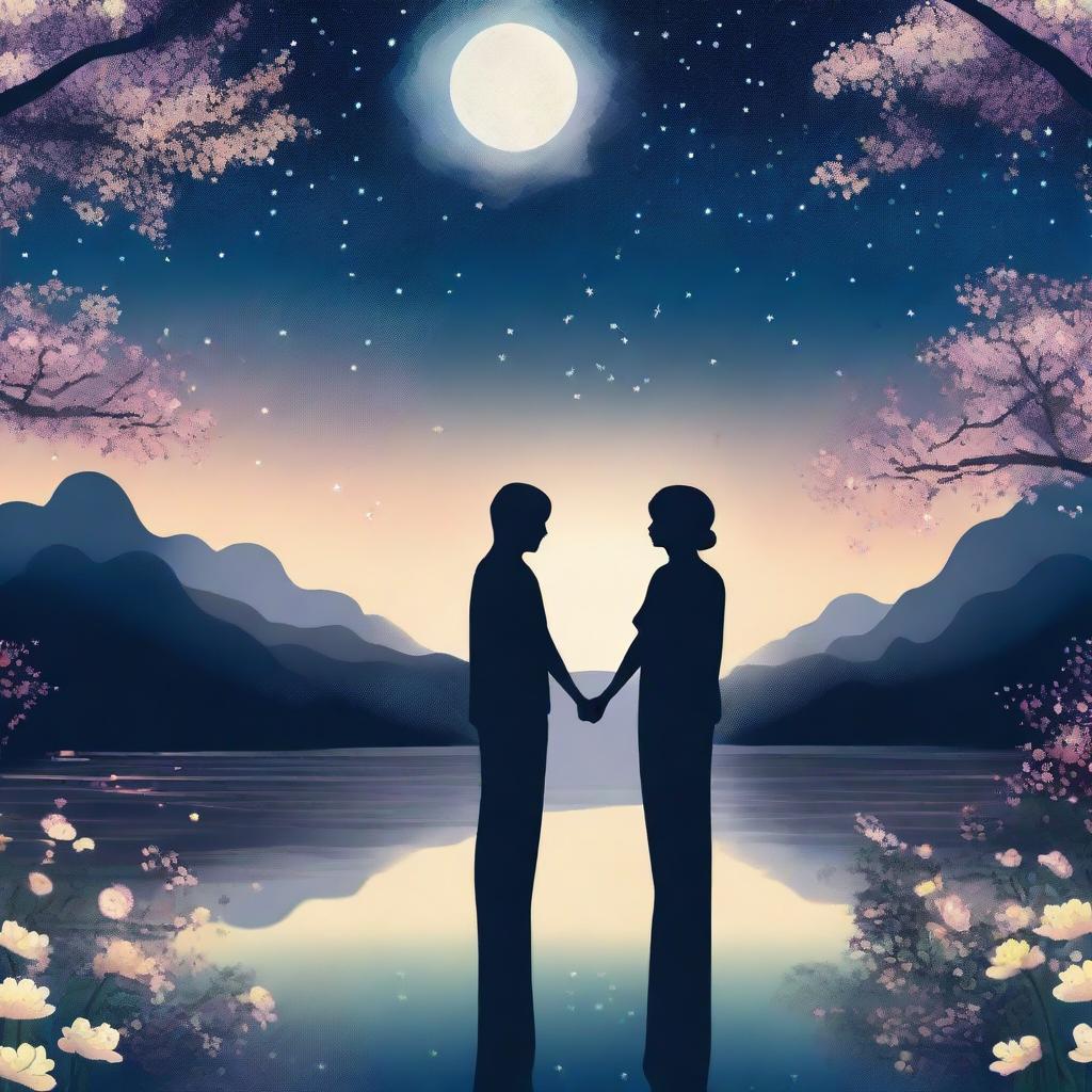 A romantic scene featuring a couple holding hands under a starry night sky, with a gentle breeze blowing through their hair