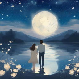 A romantic scene featuring a couple holding hands under a starry night sky, with a gentle breeze blowing through their hair