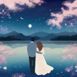 A romantic scene featuring a couple holding hands under a starry night sky, with a gentle breeze blowing through their hair