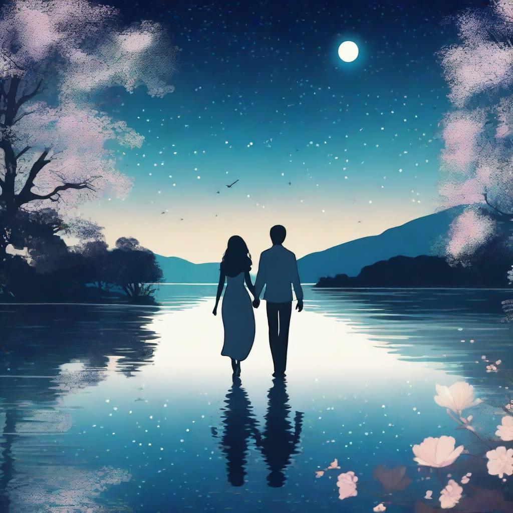 A romantic scene featuring a couple holding hands under a starry night sky, with a gentle breeze blowing through their hair