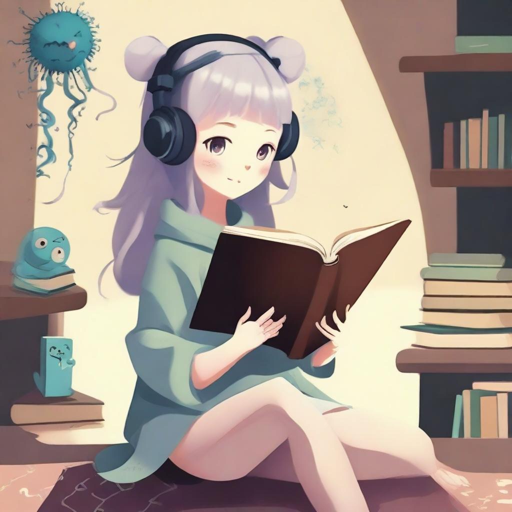 Create an image of a virus girl character reading a book