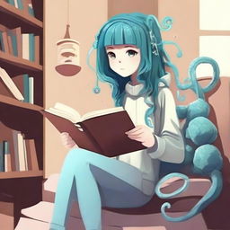 Create an image of a virus girl character reading a book