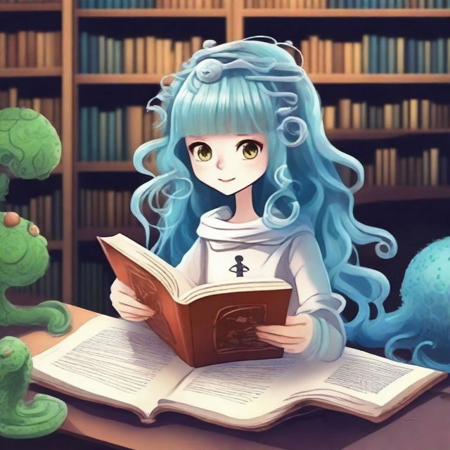 Create an image of a virus girl character reading a book