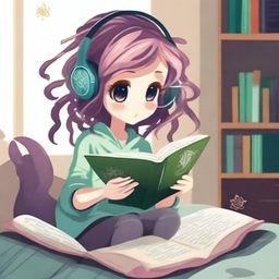 Create an image of a virus girl character reading a book