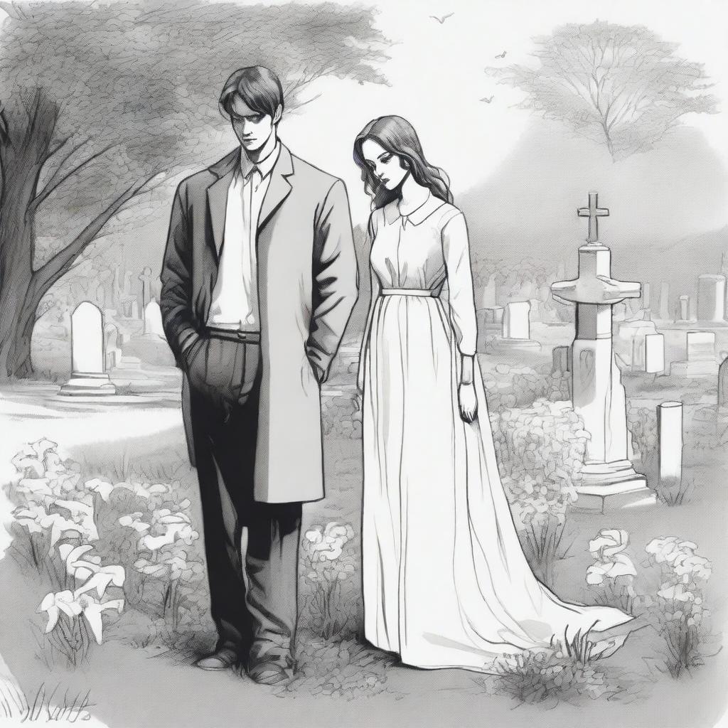 A detailed sketched image of a beautiful girl and a handsome tall man standing in a cemetery near a freshly dug grave