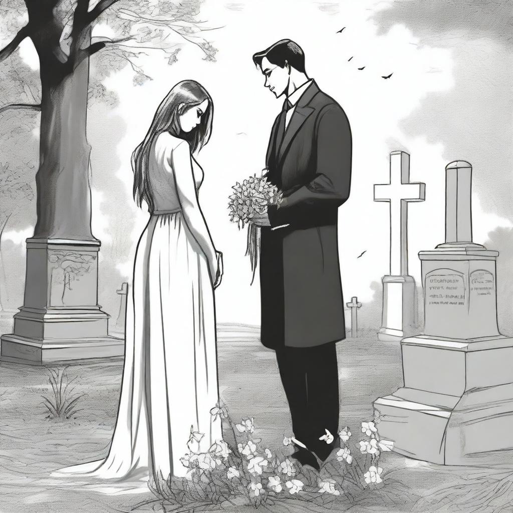 A detailed sketched image of a beautiful girl and a handsome tall man standing in a cemetery near a freshly dug grave