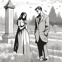 A detailed sketched image of a beautiful girl and a handsome tall man standing in a cemetery near a freshly dug grave