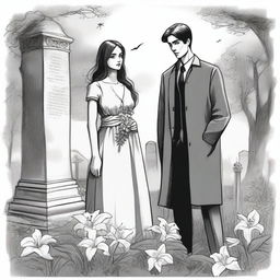 A detailed sketched image of a beautiful girl and a handsome tall man standing in a cemetery near a freshly dug grave