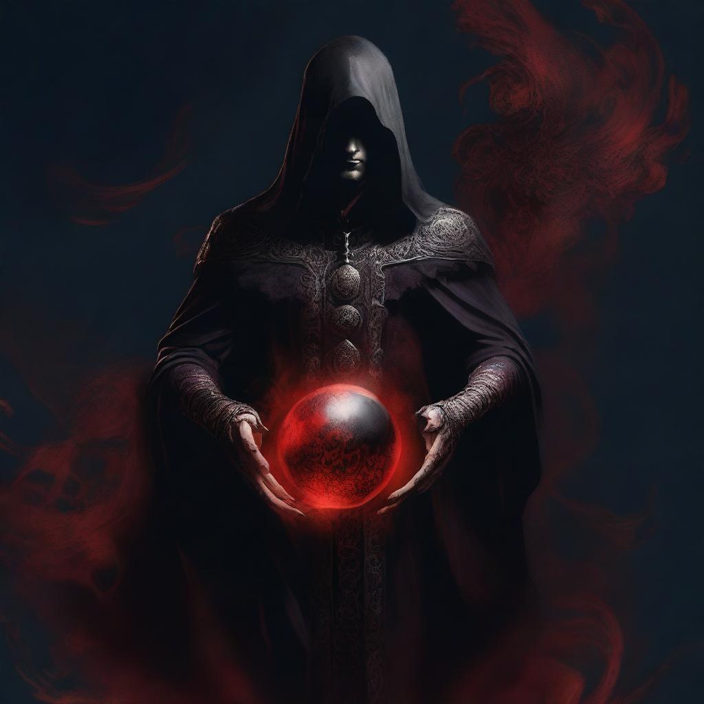 A powerful hemomancer stands in a dramatic pose, conjuring a sphere of blood with intense concentration