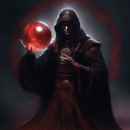 A powerful hemomancer stands in a dramatic pose, conjuring a sphere of blood with intense concentration