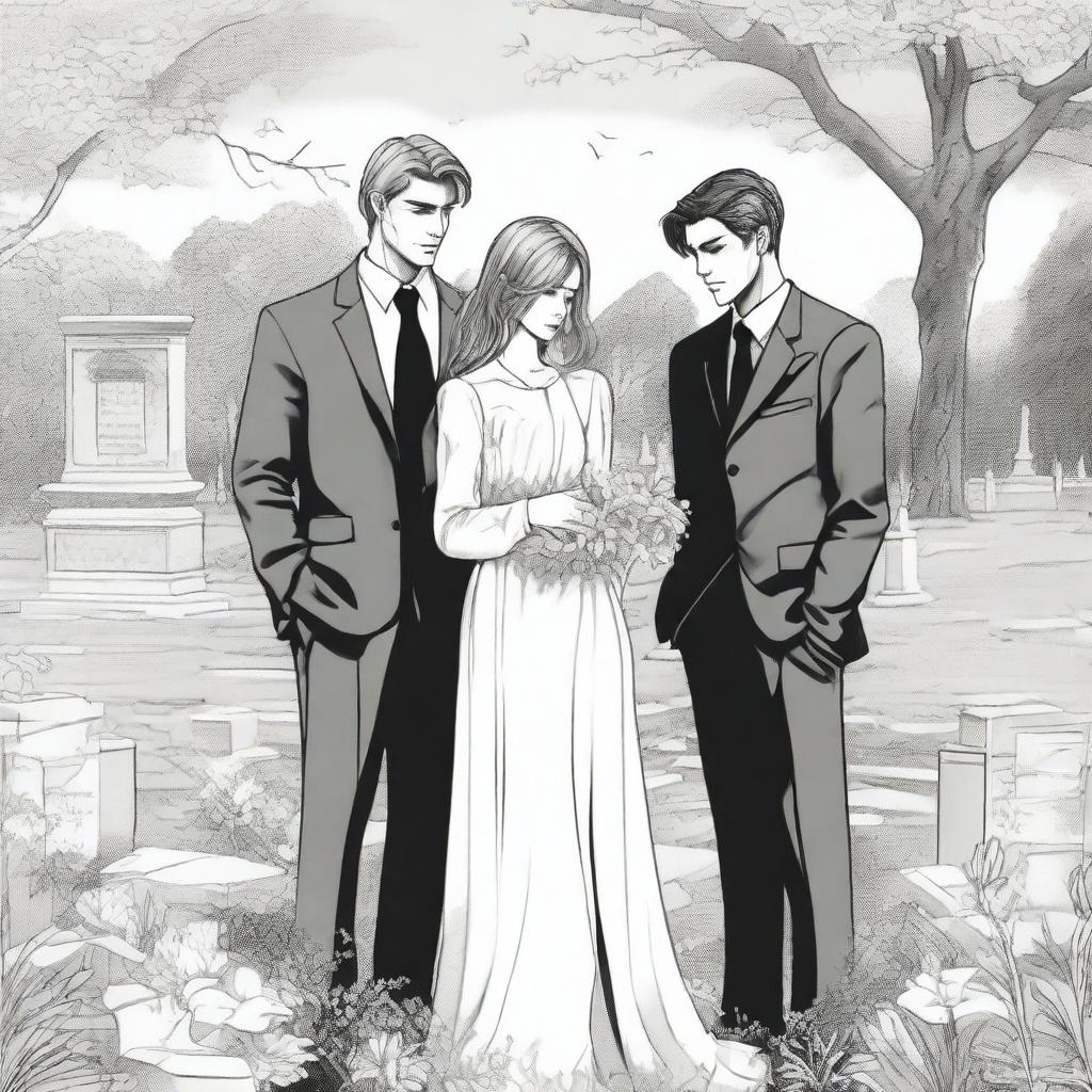 A detailed sketched image of a beautiful young and modern girl and a handsome tall young man in a designer suit standing in a cemetery