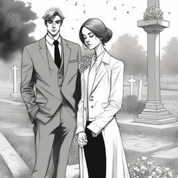 A detailed sketched image of a beautiful young and modern girl and a handsome tall young man in a designer suit standing in a cemetery