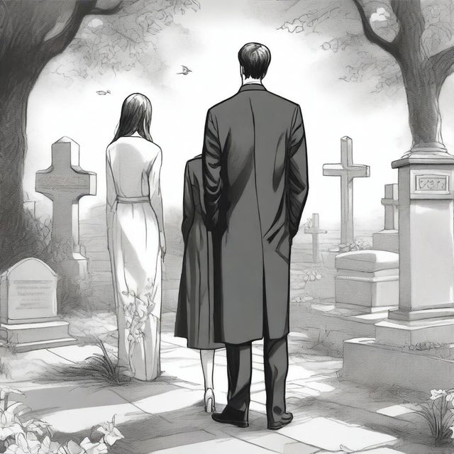 A detailed sketched image of a beautiful young and modern girl and a handsome tall young man in a designer suit standing in a cemetery