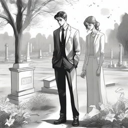 A detailed sketched image of a beautiful young and modern girl and a handsome tall young man in a designer suit standing in a cemetery