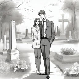 A detailed sketched image of a beautiful young and modern girl and a handsome tall young man in a designer suit standing in a cemetery