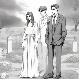 A detailed sketched image of a beautiful young and modern girl and a handsome tall young man in a designer suit standing in a cemetery